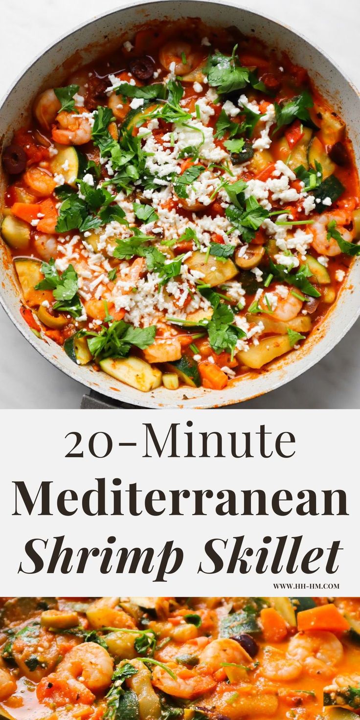 20 minute mediterranean shrimp skillet with parmesan cheese on top and the title overlay reads, 20 minute mediterranean shrimp skillet