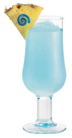 a blue drink with a slice of pineapple on top