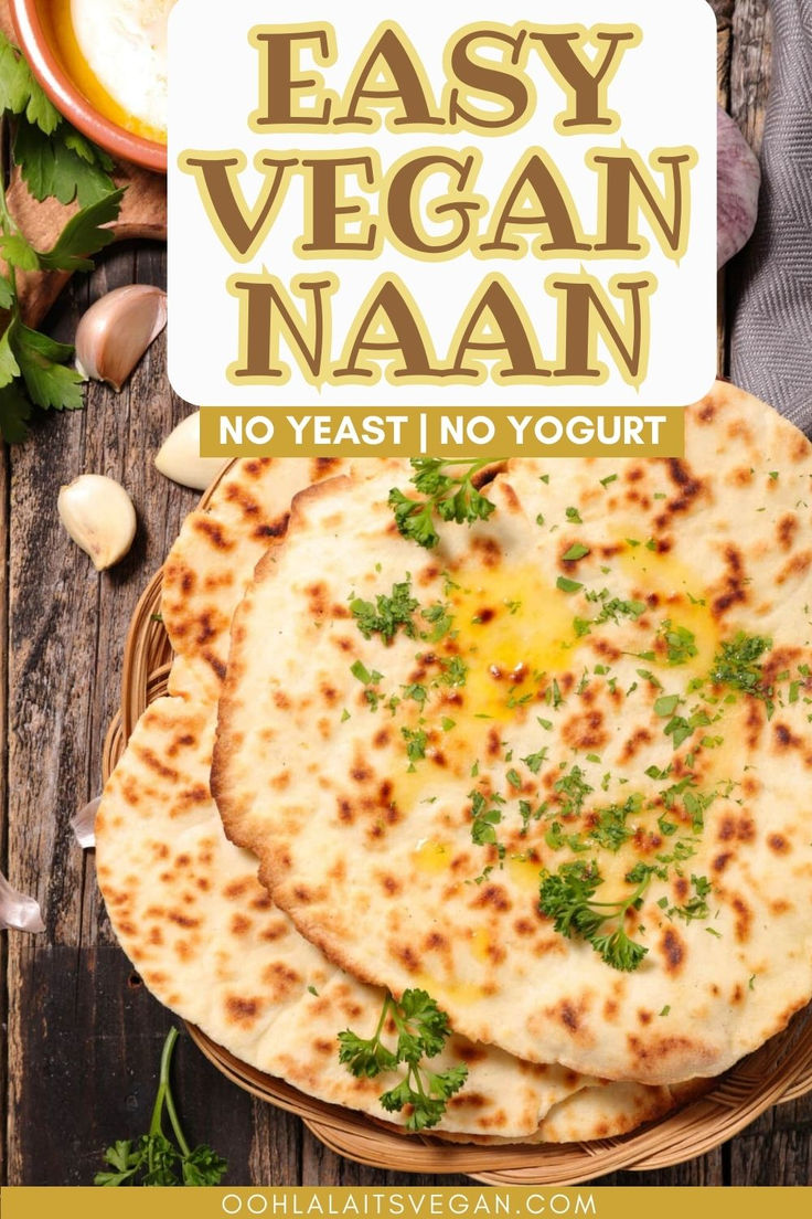 stack of easy vegan naan on a wooden table Vegan Naan, Naan Bread Recipe, Resep Vegan, Pembuat Roti, Plat Vegan, Pasta Per Pizza, Naan Bread, Monkey Bread, Tikka Masala