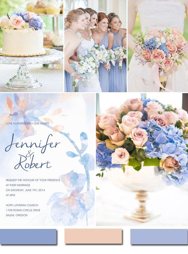 a wedding color scheme with blue and pink flowers on the bottom, peach and lavender hues