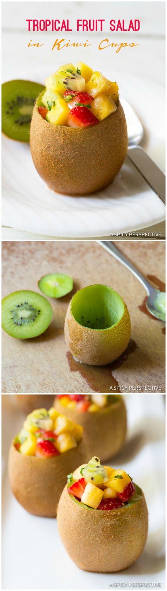 there are several different pictures of fruit salads on this plate, including kiwi and avocado