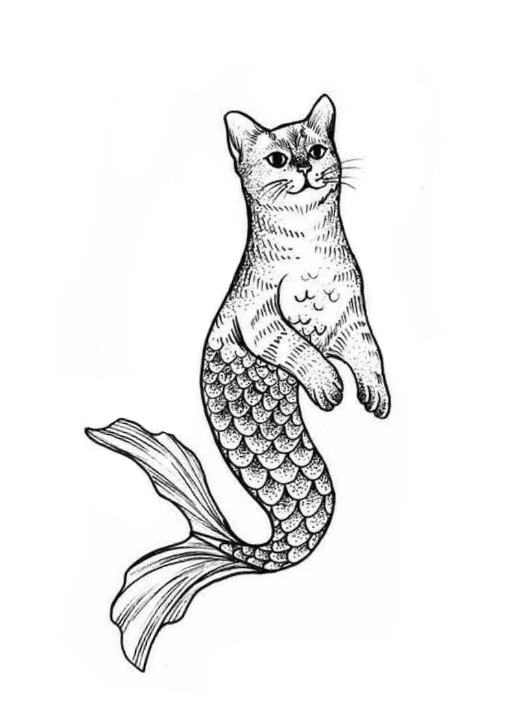 a cat that is sitting on top of a mermaid's tail, with its eyes open