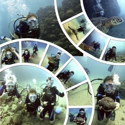 several pictures of people scubaing in the ocean with their gear on and under water