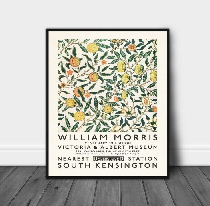 the william morris museum poster is shown in an empty room with wood flooring and white walls