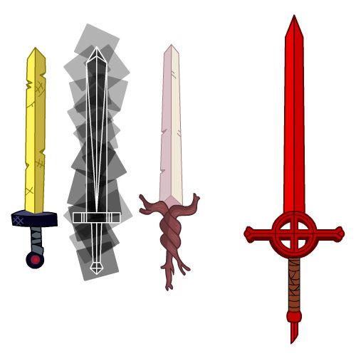 four different types of swords are shown in this image, one is red and the other is yellow