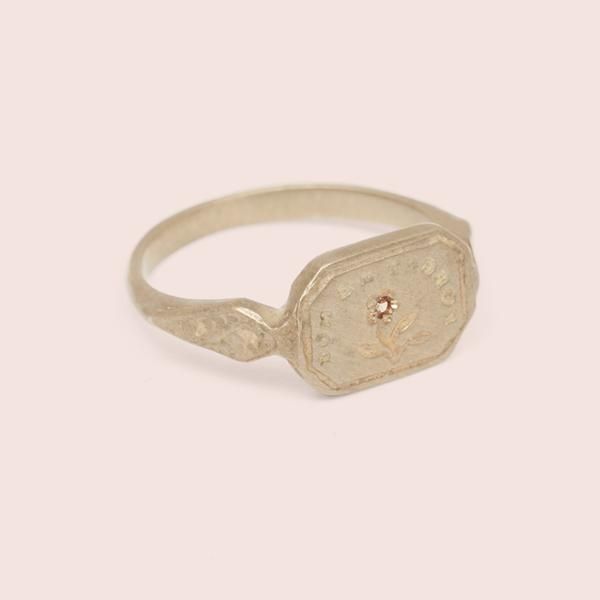 Wax Seal Ring - "Forget Me Not" | Erica Weiner Antique Stamped Yellow Gold Engraved Ring, Antique Engraved Ring With Antique Finish As Gift, Antique Engraved Ring As Gift With Antique Finish, Vintage Stamped Signet Ring For Anniversary, Antique Etched Signet Ring For Anniversary, Vintage Signet Ring With Engraving Option, Victorian Silver Signet Ring Stamped 14k, Heirloom Stamped Signet Ring For Formal Occasions, Vintage Stamped Engraved Ring For Formal Occasions