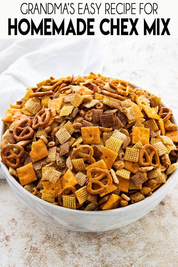 a bowl full of homemade chex mix with the title in the middle above it