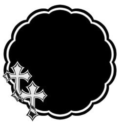 a black and white image of a cross in the middle of a cloud with stars around it