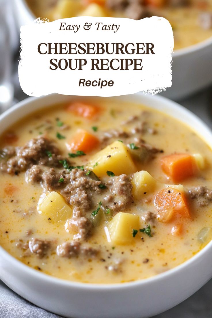 two white bowls filled with cheeseburger soup