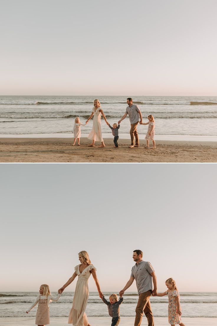 a family walking on the beach holding hands