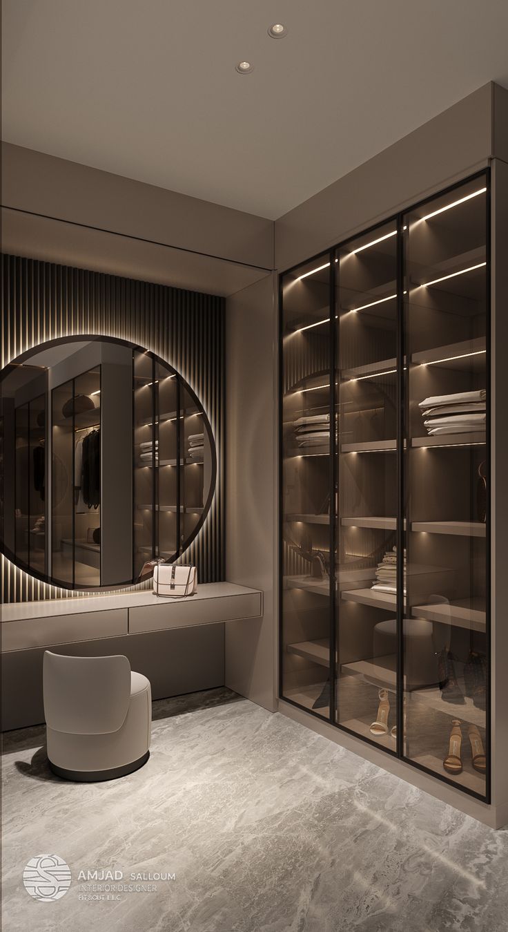 an elegant dressing room with mirrored shelves and mirrors on the wall, lighted by lights