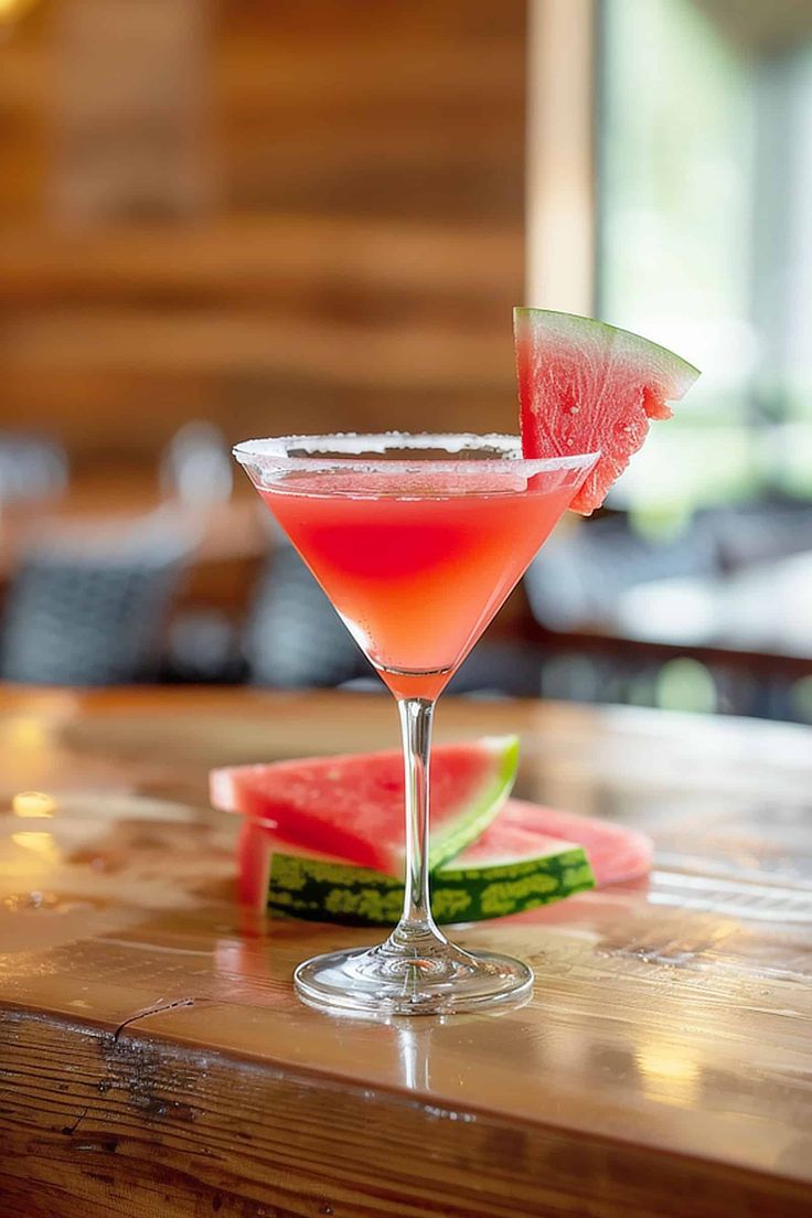 a watermelon and lime margarita sitting on top of a wooden table next to slices of watermelon