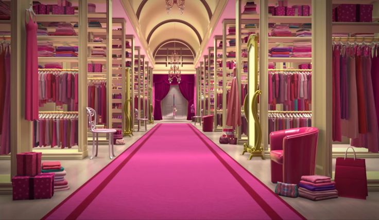 a pink carpeted room with lots of clothes on shelves