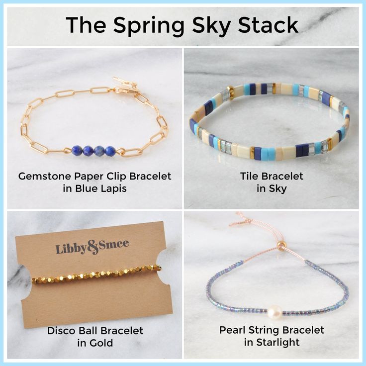 Add a touch of whimsy to your wrist with The Spring Sky Stack - a set of sky blue, navy blue, and lapis bracelets accented with hints of gold, ivory, and a pearl. Whether you wear them together or alone, you'll totally love the huge savings you get when you buy a stack! Get 25% off when you buy the whole stack The Spring Sky Stack includes a Libby & Smee 7" Tile Bracelet in 'Sky', an adjustable Gemstone Paper Clip Chain Bracelet in 'Blue Lapis', an adjustable Pearl String Bracelet in 'Starlight' Everyday Stackable Blue Bracelets, Dainty Blue Friendship Bracelets For Everyday, Blue Stackable Beaded Bracelets As Gift, Blue Stackable Bracelets As Gift, Blue Stackable Bracelets For Gift, Dainty Blue Adjustable Beaded Bracelets, Dainty Adjustable Blue Beaded Bracelets, Blue Everyday Bracelet Jewelry, Dainty Blue Stackable Bracelets