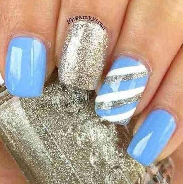 Blue Silver And White Nails Blue Glitter Nails, Nail Art Stripes, Unghie Nail Art, Blue Nail, Nails Polish, Fabulous Nails, Glitter Nail Art, Cute Nail Designs, Fancy Nails