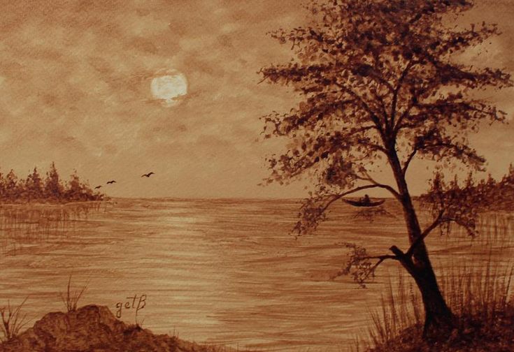 a painting of a lake with trees and birds flying in the sky at night time