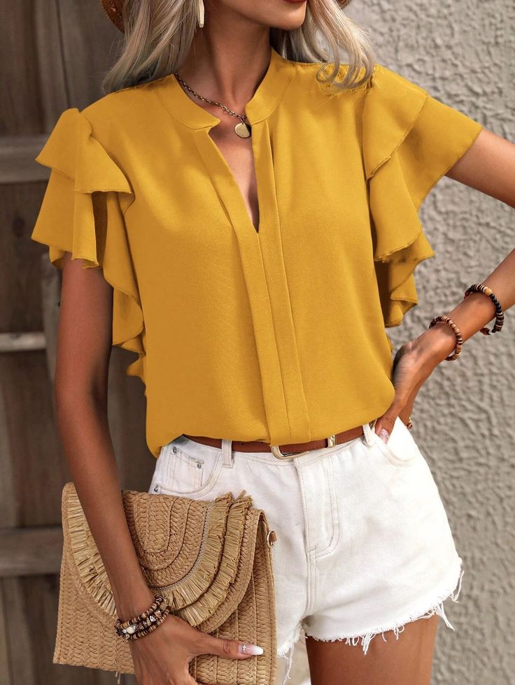 F00235053-504 Elegant Yellow Summer Shirt, Spring Ruffled Solid Color Shirt, Spring Ruffled Solid Shirt, Spring Ruffled Shirt, Casual Yellow Office Shirt, Yellow Summer Office Shirt, Fall Ruffled Short Sleeve Shirt, Casual Spring Office Tops, Fall Short Sleeve Shirt With Ruffles