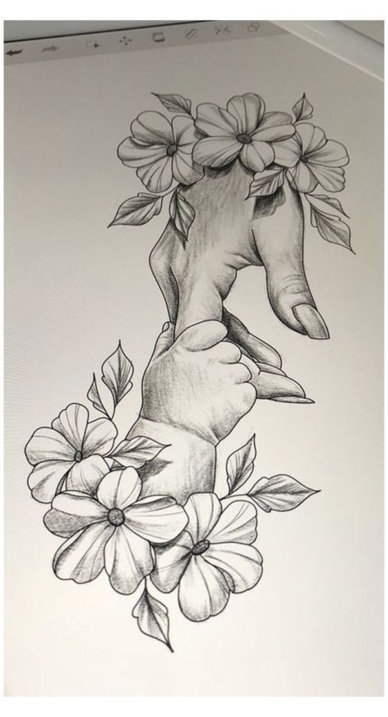 a drawing of a hand with flowers on it