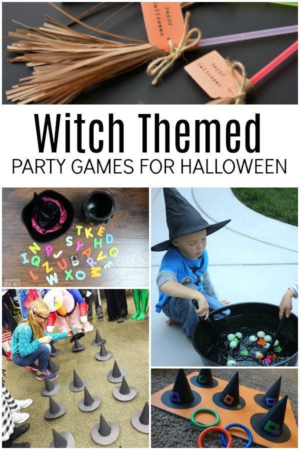 a collage of halloween games for kids with witches, witch hats and other items