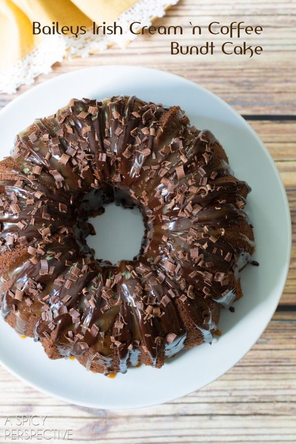 a chocolate bundt cake on a white plate