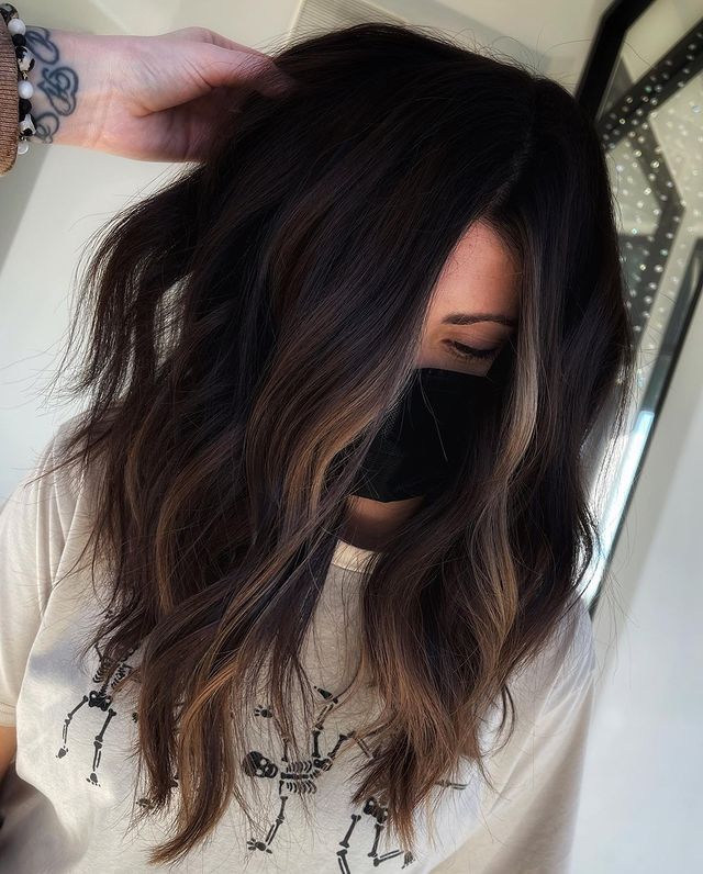 Airtouch Hair Brunette, Jet Black Hair With Copper Highlights, Long Bob Updo Hairstyles, Fall Haircut And Color, Dark Hair Partial Balayage, Dark Hair Caramel Money Piece, Fall Dark Brown Hair Color, Cecily Bauchmann Hair, Mid Length Haircuts Thick Hair