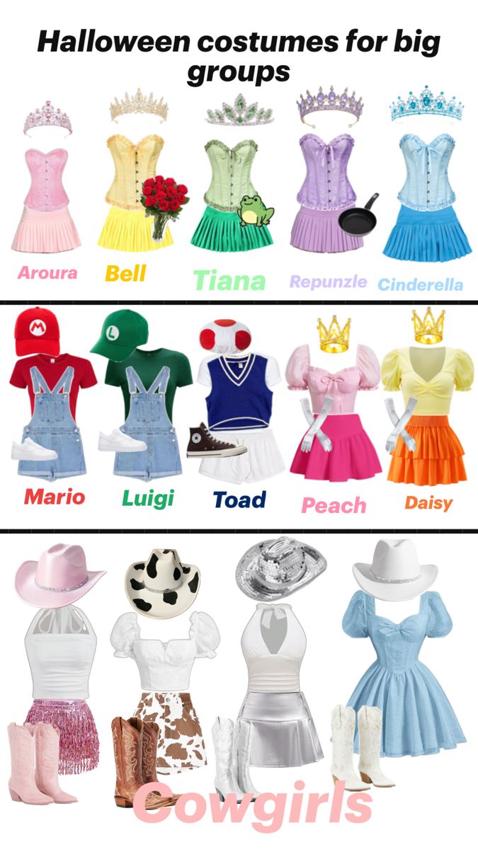 several different types of princess dresses and tiaras are shown in this poster, with the words halloween costumes for big groups