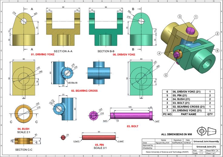 Universal Joint Solidworks Drawings Assembly, Solidworks Exercises, Engineering Graphics, Solidworks Tutorial, Autocad Tutorial, Solid Works, Machining Metal Projects, Mechanical Engineering Design, Technical Drawings