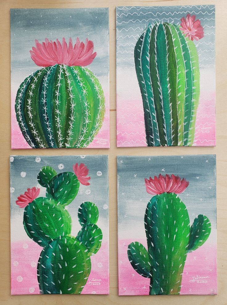 three paintings of cactus with pink flowers on them