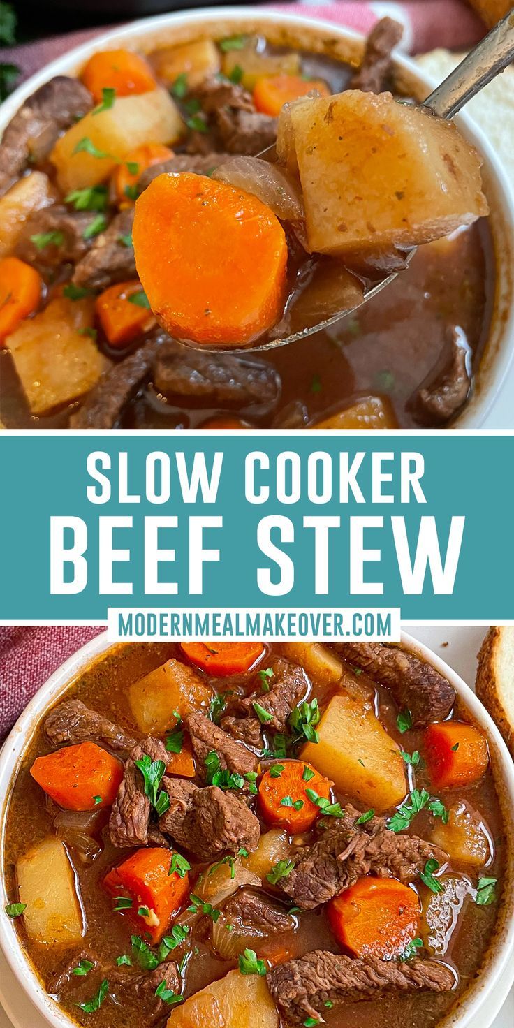 beef stew in a white bowl with carrots and parsley