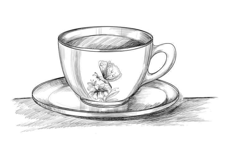 a drawing of a cup and saucer with flowers on the side, sitting on a table