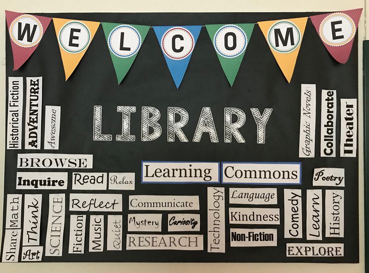 a library bulletin board with the words welcome