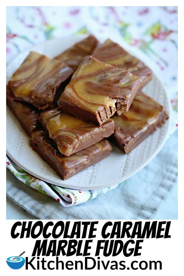 chocolate caramel marble fudge on a white plate