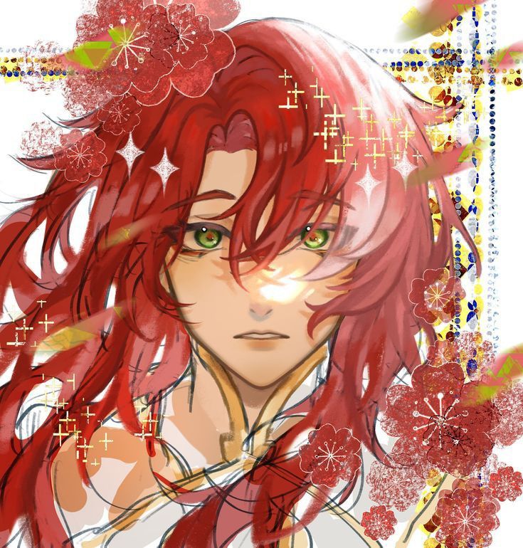 an anime character with red hair and green eyes, surrounded by florals in the background