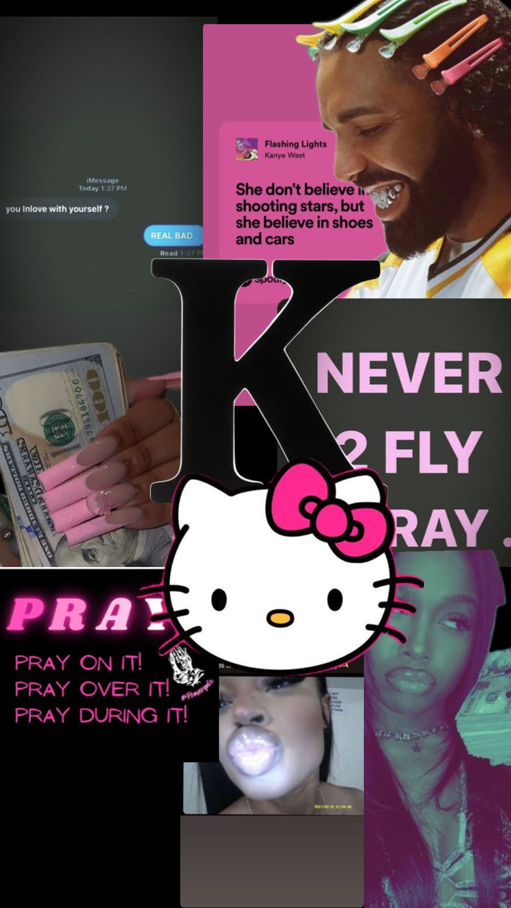 a collage of photos with the letter k in pink and hello kitty on it