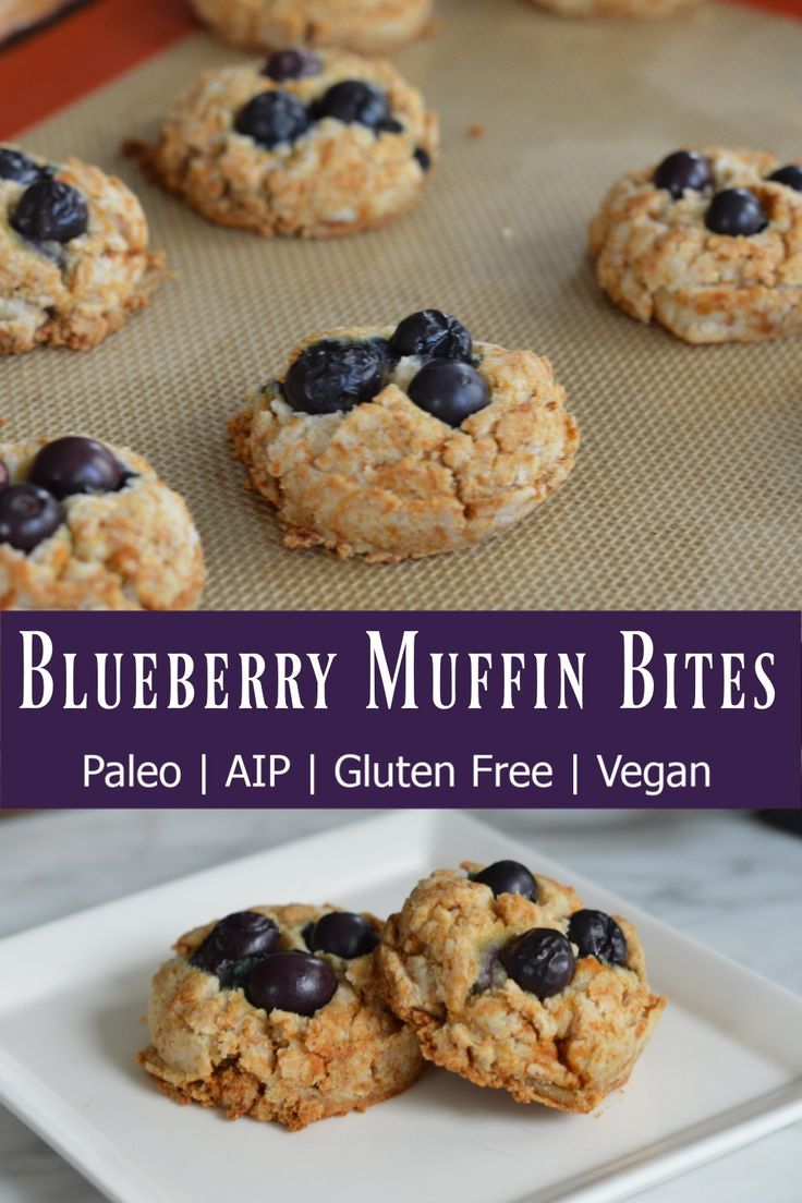 blueberry muffin bites are sitting on a plate next to a tray of cookies