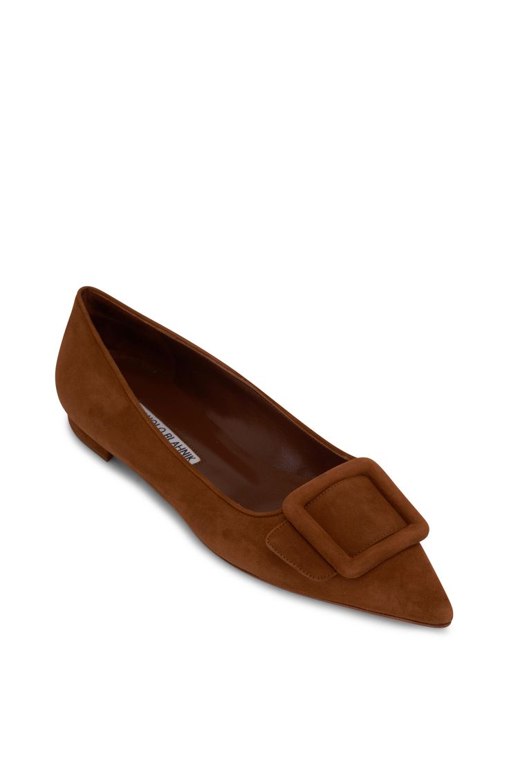 Manolo Blahnik - Maysale Medium Brown Suede Flat Manolo Blahnik Slingback, Manolo Blahnik Maysale, Manolo Blahnik Flats, Evening Flats, Studs Men, Slingback Flats, Suede Flats, Shoes Brown, Casual Slippers