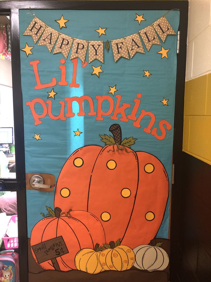 a door decorated with an image of pumpkins