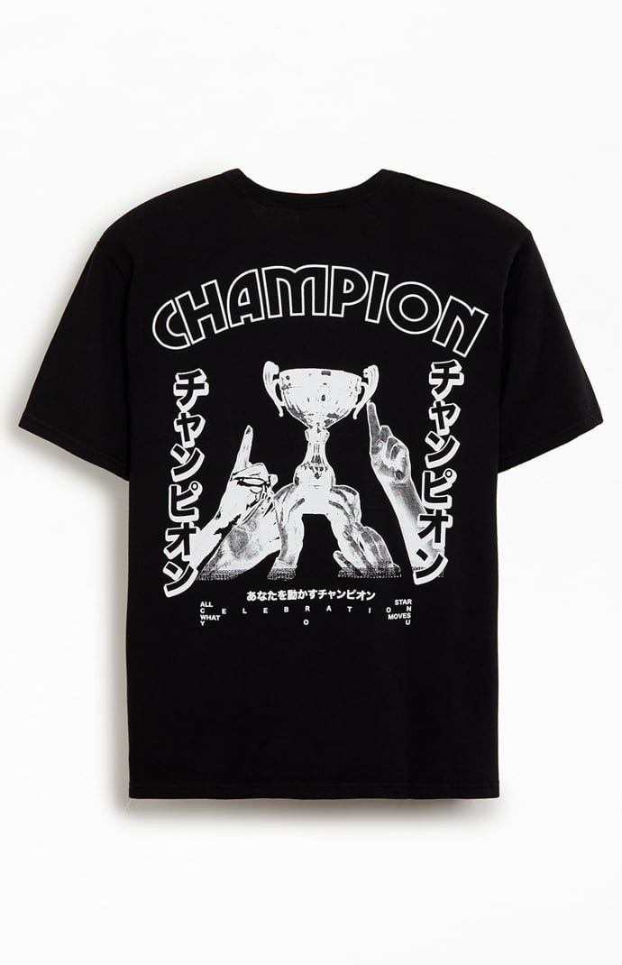 Stand out from the crowd with the Trophy T-Shirt from Champion. Crafted with premium materials and featuring Japanese text and a Champion trophy back graphic, this tee is a symbol of athletic excellence and timeless style.


	Solid color tee
	Short sleeves
	Crew neckline
	Champion graphics
	Champion logo C embroidery on sleeve
	Standard fit
	Machine washable Champion Trophy, Japanese Text, Logo C, Champions Trophy, Champion Logo, Champion Shirt, Just Style, Embroidery Logo, Pacsun