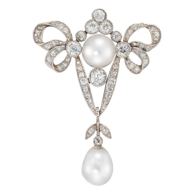 A late Victorian pearl and diamond brooch, the brooch with a diamond-set ribbon bow surmount, set to the centre with a pearl and diamond cluster, the pearl measuring approximately 8 mm in diameter, dropping a natural pear-shaped pearl measuring approximately 9.6 x 7.6 mm from a V-shaped diamond run and rose-cut diamond-set foliate motif, all old brilliant-cut diamonds estimated to weigh a total of 1.60 carats, all set in silver to a yellow gold mount and brooch fitting, circa 1890, measuring app Ribbon Brooch, Art Deco Brooch, Diamond Bows, Bow Brooch, Diamonds And Pearls, Bow Jewelry, Diamond Brooch, Pearl Brooch, Natural Pearl