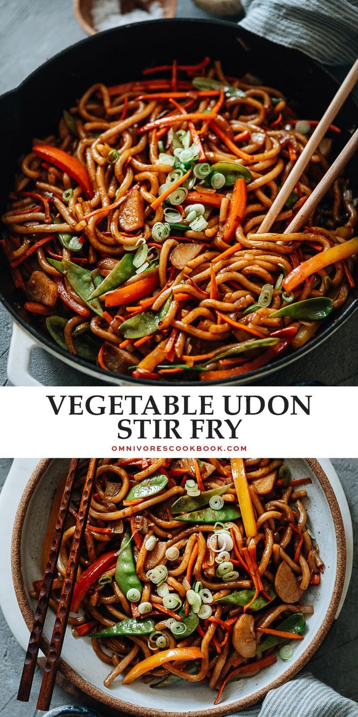 vegetable udon stir fry in a skillet with chopsticks on the side