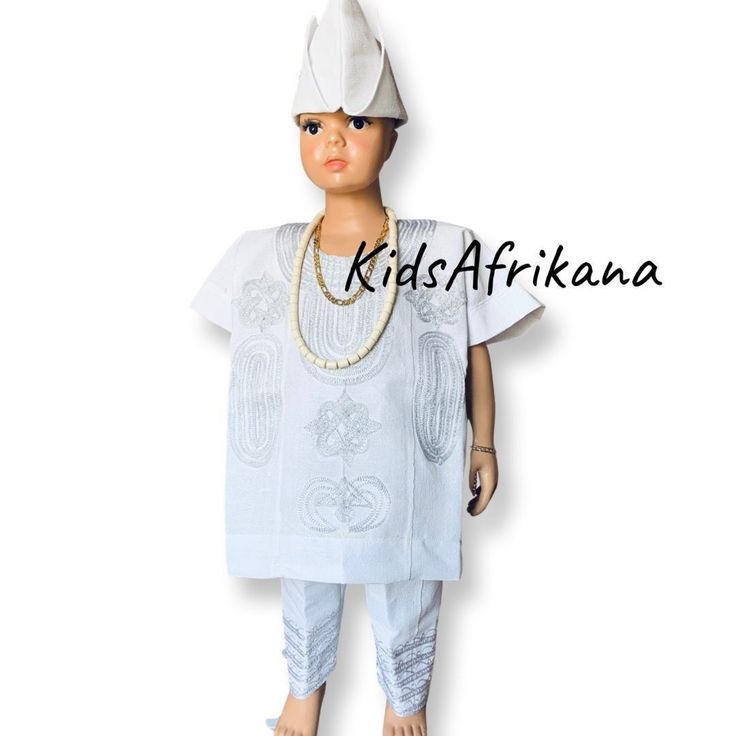 Three-piece African Asooke/handwoven Boys' outfit for birthdays, weddings, school cultural events, photo shoot and other special events. This listing/set includes pants/sokoto, Top/Dashiki, and a hat/fila. The necklace and bracelets are not included in the listing but can be purchased separately on the site. Colors: White This listing is a complete traditional handwoven/Asooke outfit worn by the Yoruba people of Nigeria who are known for their rich cultural heritage. Features: Loose Top Elastica Traditional Sets For Ceremonies With Patterns, White Cotton Sets For Celebration, Ceremonial White Sets For Festivals, White Cotton Celebration Sets, Traditional Ceremony Sets With Traditional Patterns, White Festival Celebration Sets, Traditional Pattern Sets For Eid Celebration, Festive Fitted Traditional Agbada, Eid Celebration Sets With Traditional Patterns