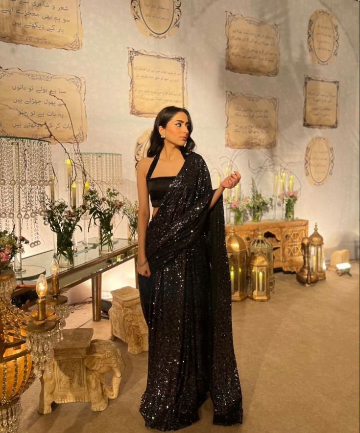 Black Glitter Saree, Saree Designs Latest For Farewell, Off The Shoulder Saree Blouse, Black Sari For Farewell, Black Farewell Saree, Farewell Sarees Black, Black Saree Farewell, Black Saree Classy, Farewell Sarees School Ideas 2024