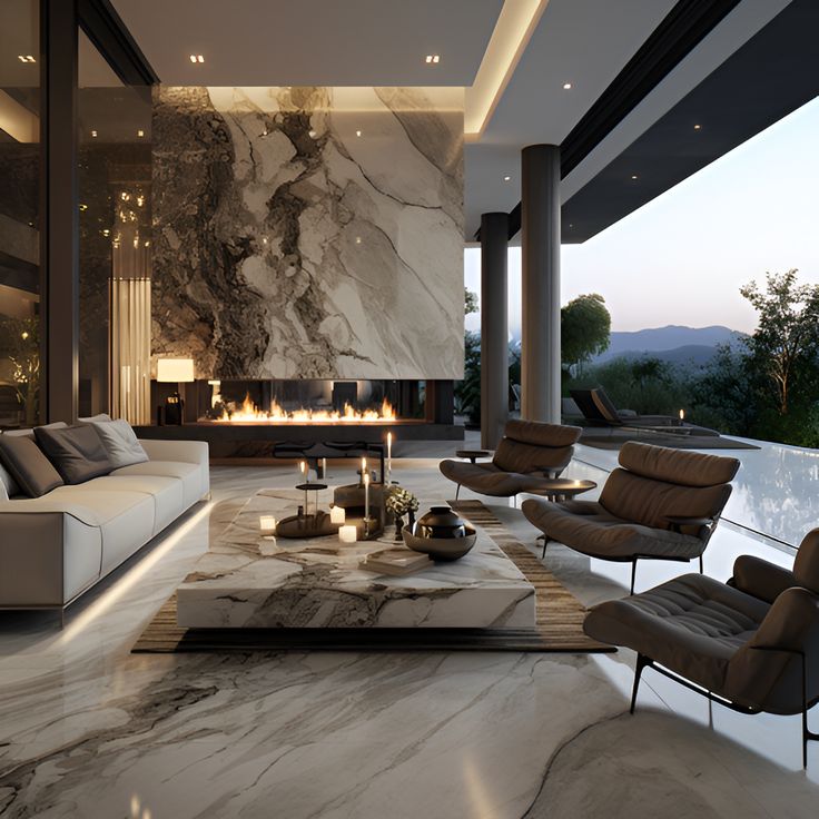 a modern living room with marble walls and floor to ceiling windows overlooking the mountains is lit by candles