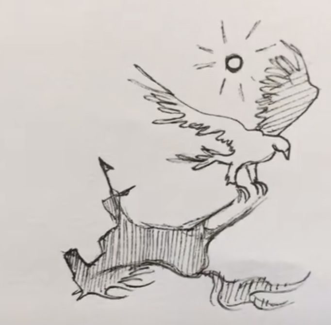 a drawing of a bird flying through the air