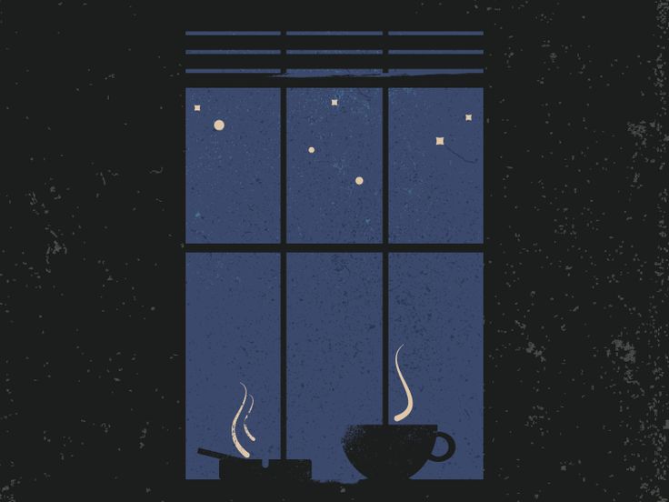 a coffee cup on a table in front of a window with the night sky outside