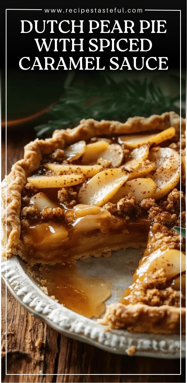 dutch pear pie with spiced caramel sauce on a white plate and text overlay