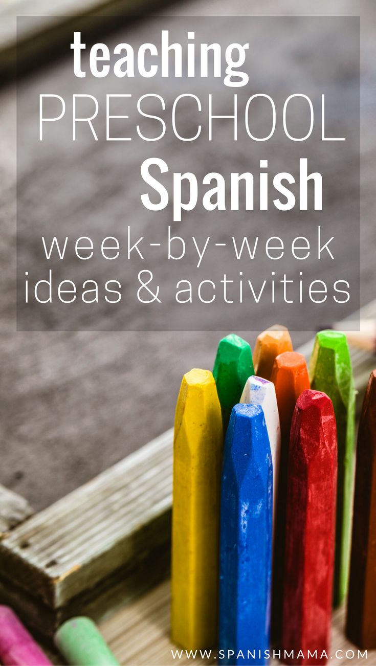 colorful crayons sitting on top of a wooden table with text overlay reading teaching preschool spanish week - by - week ideas & activities