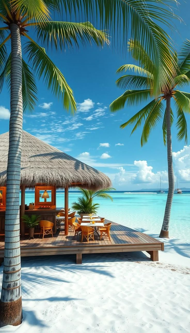 a hut on the beach with palm trees