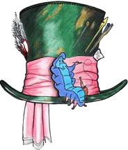 a drawing of a top hat with a lizard on it's side and feathers in its mouth