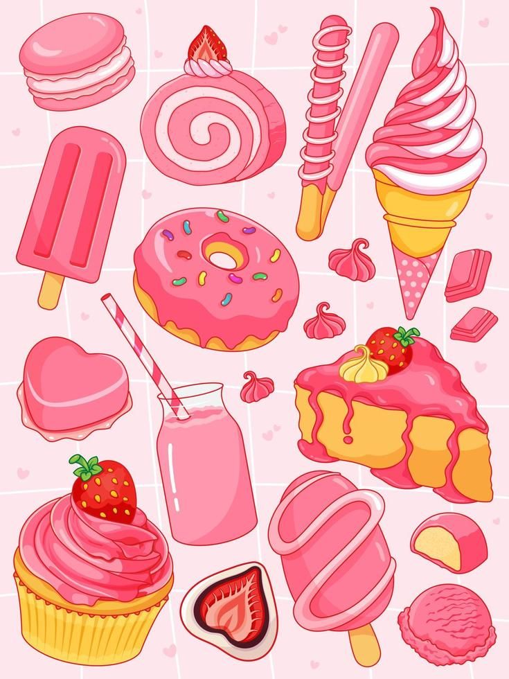 pink desserts and ice cream on a white background